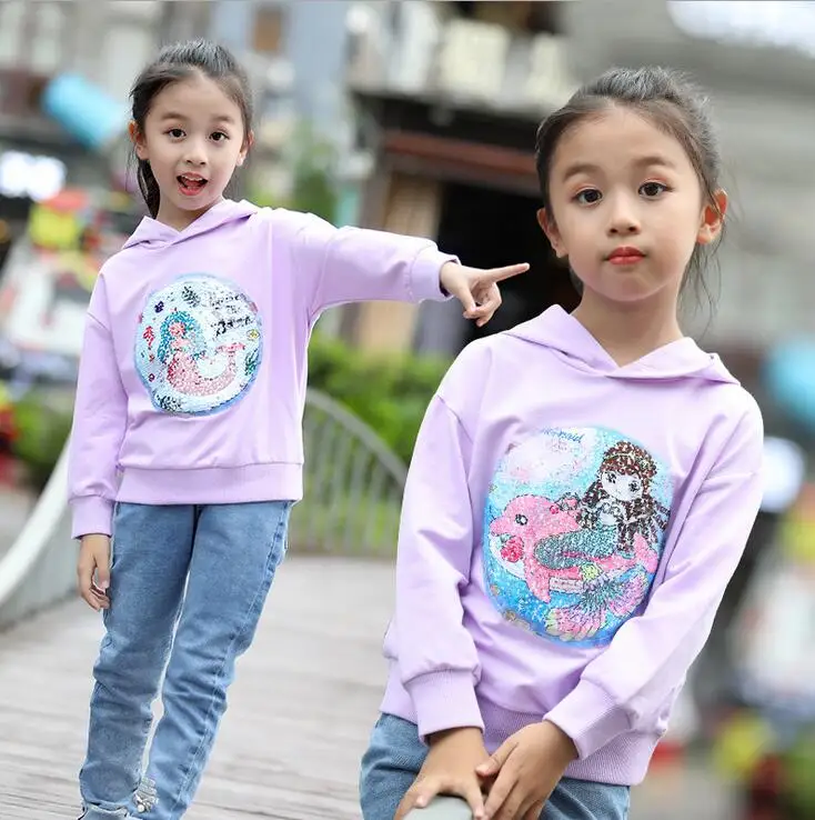 

cute Mermaid change face Sequins pink Sweatshirt for Girls Kids autumn Children's Hoodies 4 6 8 10 12 14 T for birthday gift