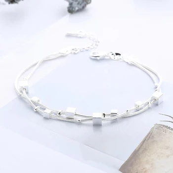 

LISM 925 Sterling Silver Bracelet Square Box Star Double Chain Adjustable Charm Bracelet Anklet For Women Girl pulseira