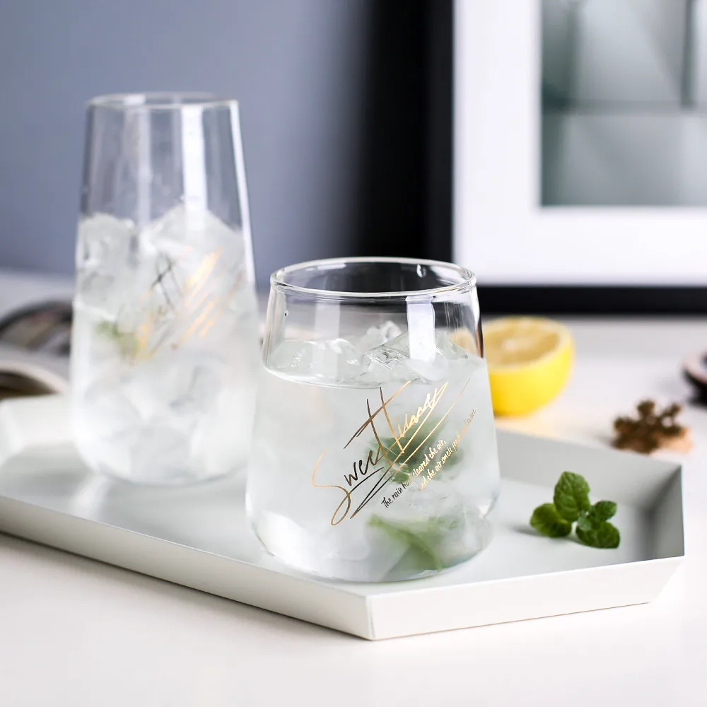 

Creative Glass Mug Milk Drink Tea Coffee Cup Golden Black Letter Transparent Tall Mugs Home Office Heat Resistant Drinkware Gift