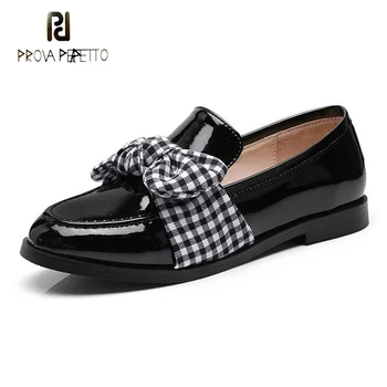 

Prova Perfetto British Style Lattices Fabric Bowtie Patchwork Patent Leather Causal Shoes Women Round Toe Slip on Loafers Flats