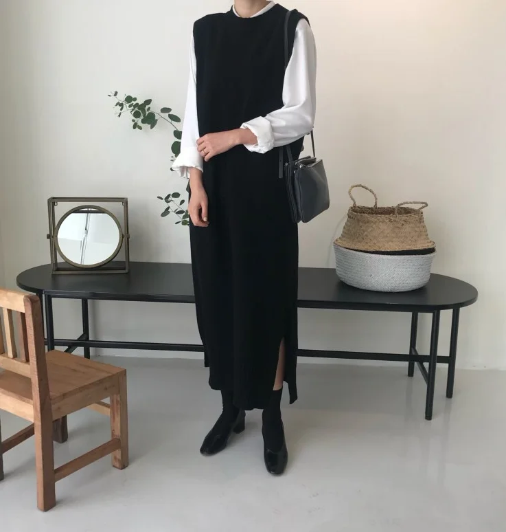 side split Warm Women Autumn Winter Long Sweater Knitted Sundress Loose o neck Sleeveless long vest Dresses Robe Femme Vestido