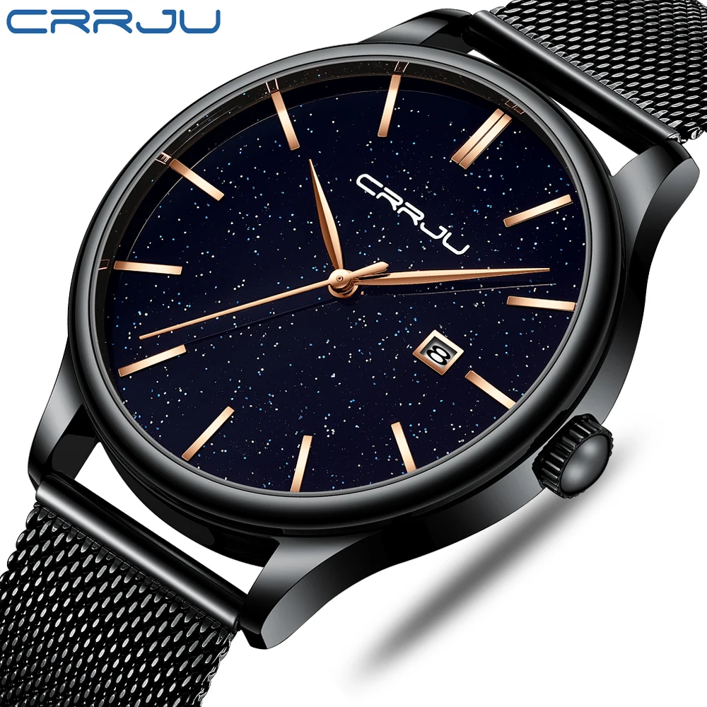 

New Luxury CRRJU Brand Men Watches Mens Gold Pointer Stainless Steel Watches Casual Dress Quartz Wristwatch relogio masculino