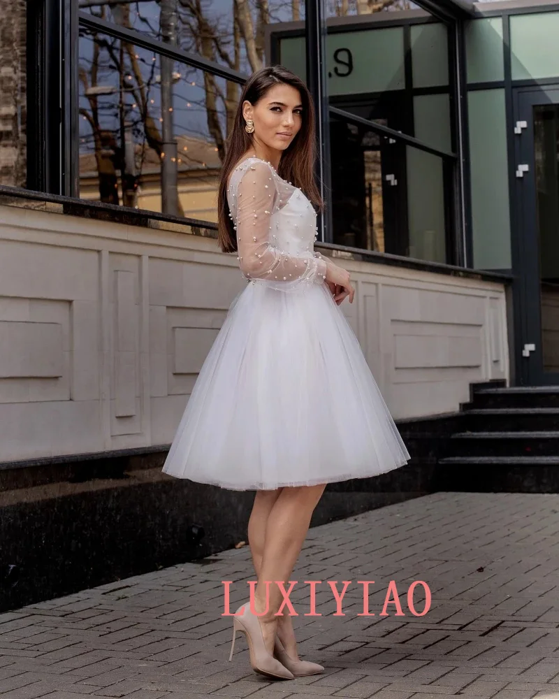 grace kelly wedding dress LUXIYIAO 2022 A Line Sheer Sweetheart Exquisite Pearls Short knee Length Beach Wedding Dresses Custom Made Beaded Bridal Gowns modest wedding dresses