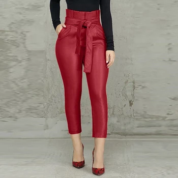 

2020 ZANZEA Women's Front Zipper Trousers Elegant Tight Leather Pants Lace Up High Waist Pantalon Oversized Stretch Turnip