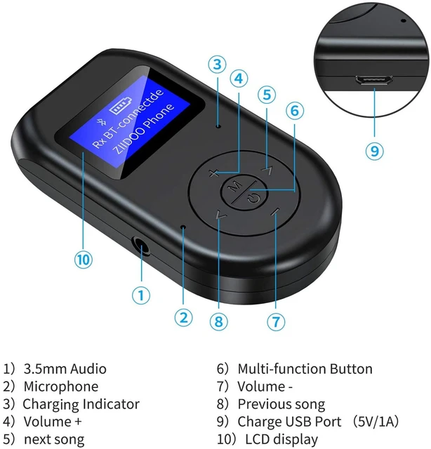 Émetteur et récepteur Bluetooth, adaptateur Bluetooth 5.0 sans fil 3 en 1  avec écran d'affichage