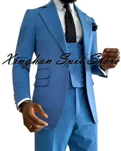 

Blue Notch Lapel Single Button Men Suits Regular Slim Fit Tuxedo Groom Wedding Formal Tailored Made 3 Pieces Causal Prom Wear