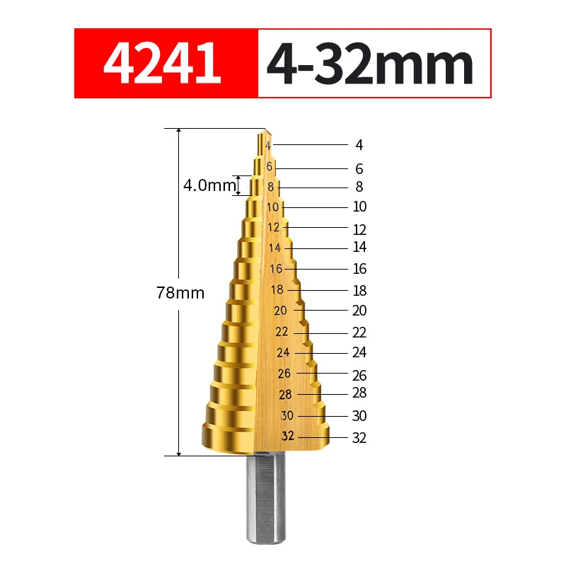 HSS титановые ступенчатые сверла для металла, дерева, хвостовик, ступенчатое долото 3-12/4-12/4-20/4-32, столярные инструменты, шнековый центр, сверло, отверстие - Цвет: 1PC 4-32