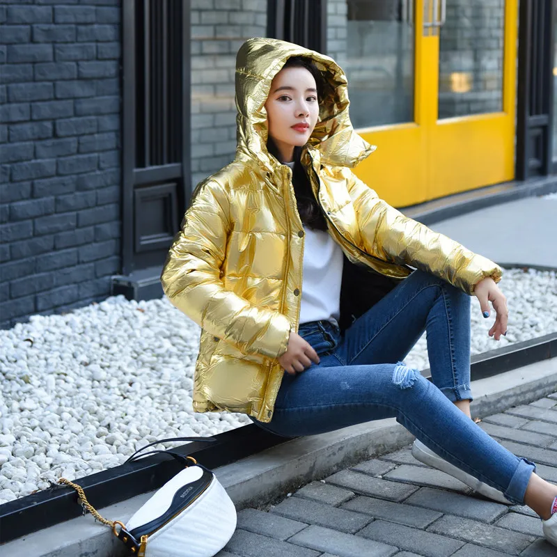 Kopen 2019 Herfst vrouwen Winter Jassen Mode Zilveren Hooded Parka Vrouw Winter Jas Vrouwen Zakken Gewatteerde Katoenen Parka