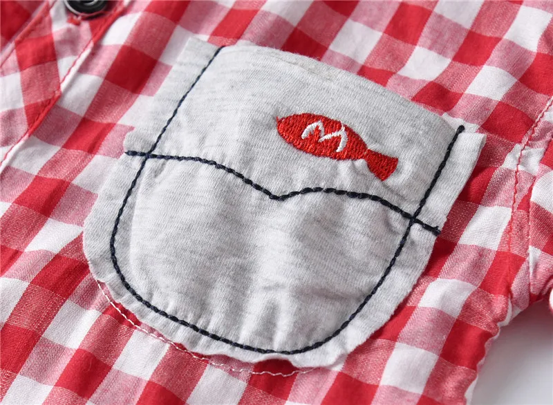 CHILDREN'S Short Sleeve Shirt Cotton Cartoon Embroidered Handsome Plaid Kids Shirt Kids' Shirts