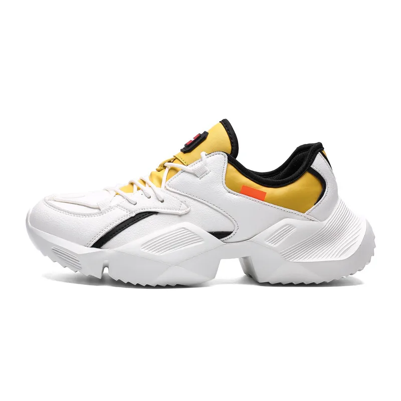 white yellow 9986 Мужские ботинки с массивным каблуком; качественные дышащие из искусственной кожи; кроссовки для папы; модные уличные кроссовки на шнуровке; мужская повседневная обувь для взрослых; - Цвет: white yellow 9986