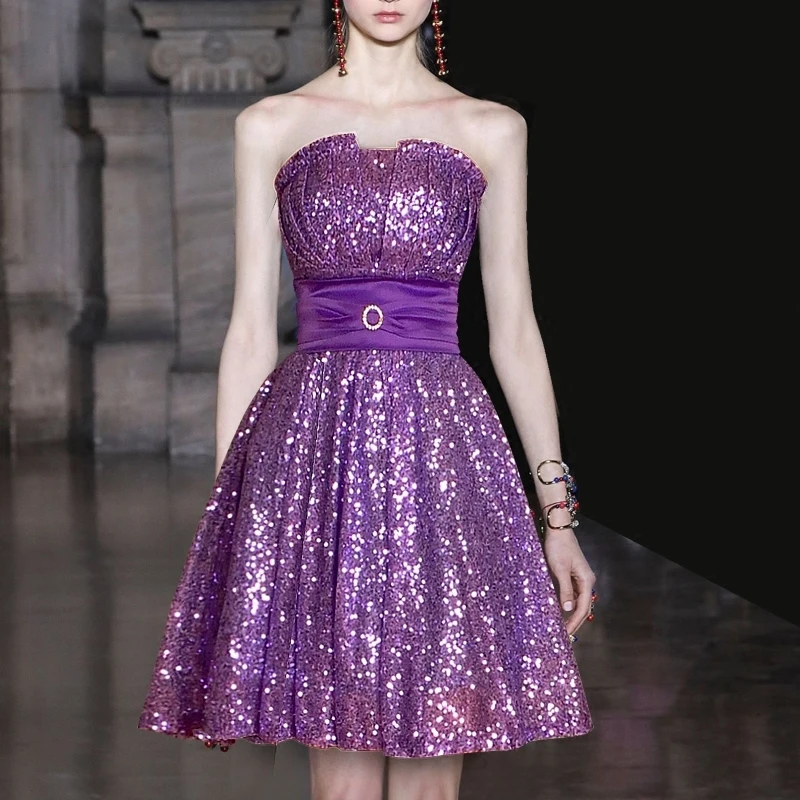 

Violet Paillette Breast-wrapping, Shoulder-uncovering And Waist-closing Thick And Disorderly Short Fund Full Dress Skirt