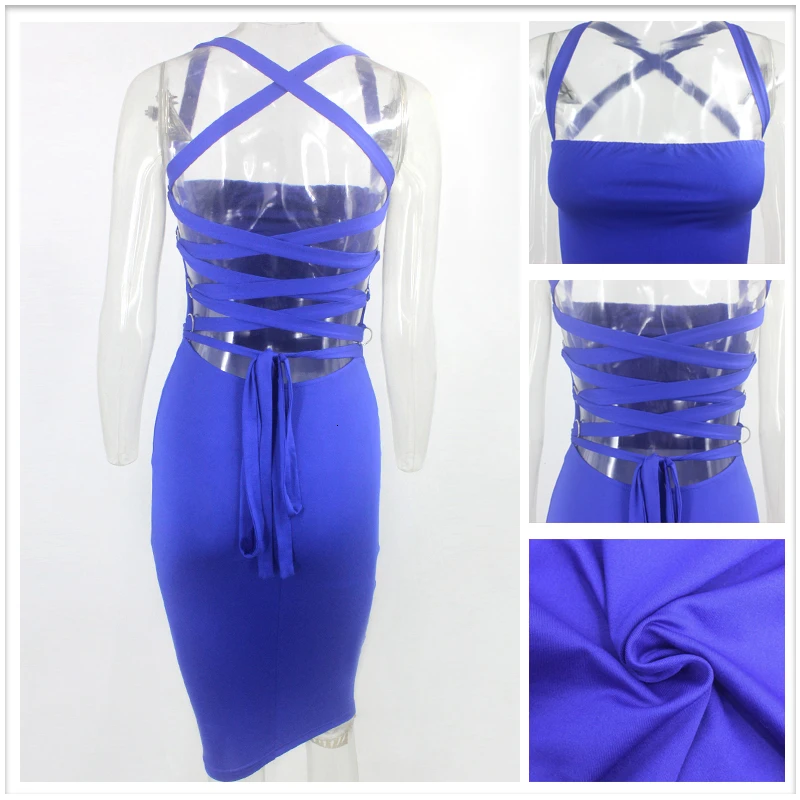 Fuedage осеннее Bangage Платье женское открытое облегающее синее сексуальное платье с открытой спиной на бретельках Клубное вечернее платье vestidos