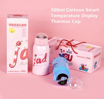 

304 Cartoon Smart Temperature Display Thermos Cup Portable Pressing Straw Style Water Bottle Keep Warm Cold 24hours for Baby