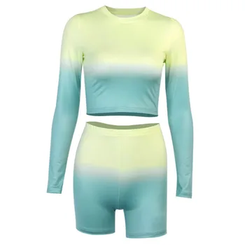 

Women Fall spring Two pieces Gradient Color Fitness Clothes set Long sleeve Slim Stretch Casual Tracksuit High waist Top+Shorts