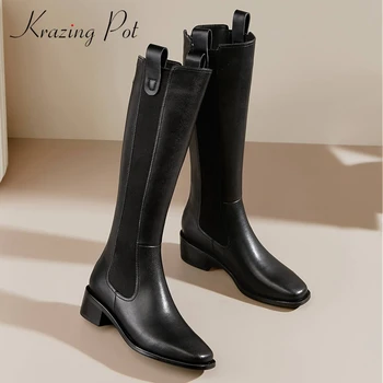 

Krazing Pot new Chelsea boots split leather stretch dress square toe thick med heel back zipper office lady knee-high boots L2f9