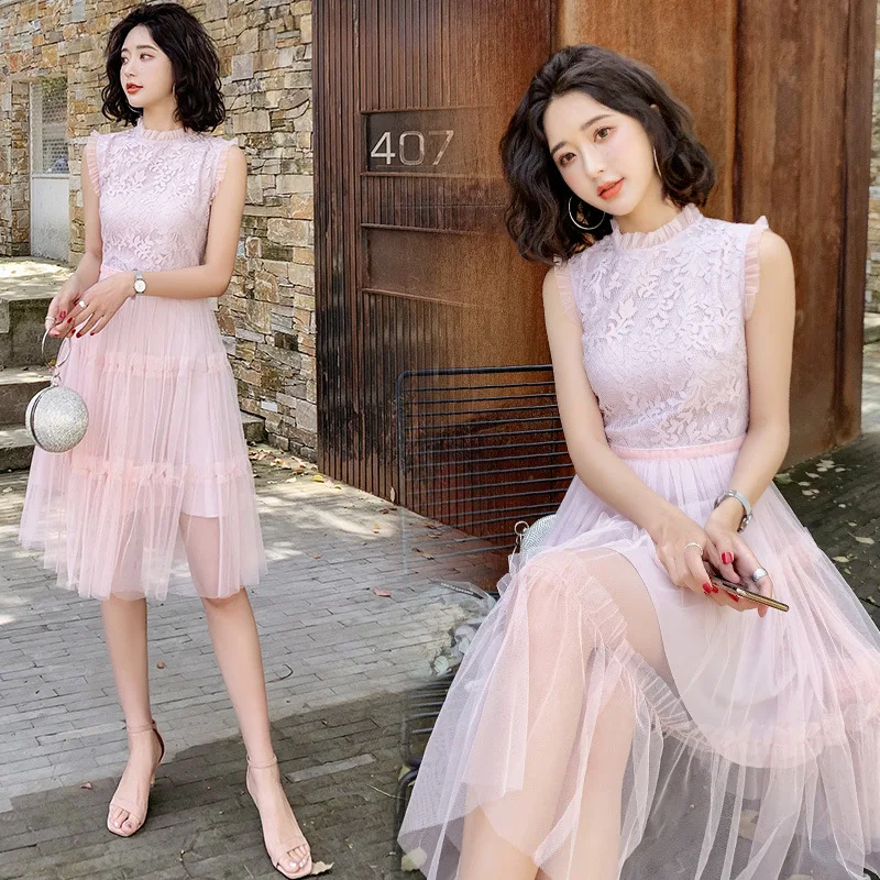 

Lace Dress Women's 2019 Summer New Style Very Fairy of Gauze Sweet Mesh Dress Popular Skirt Immortal sen shi Summer