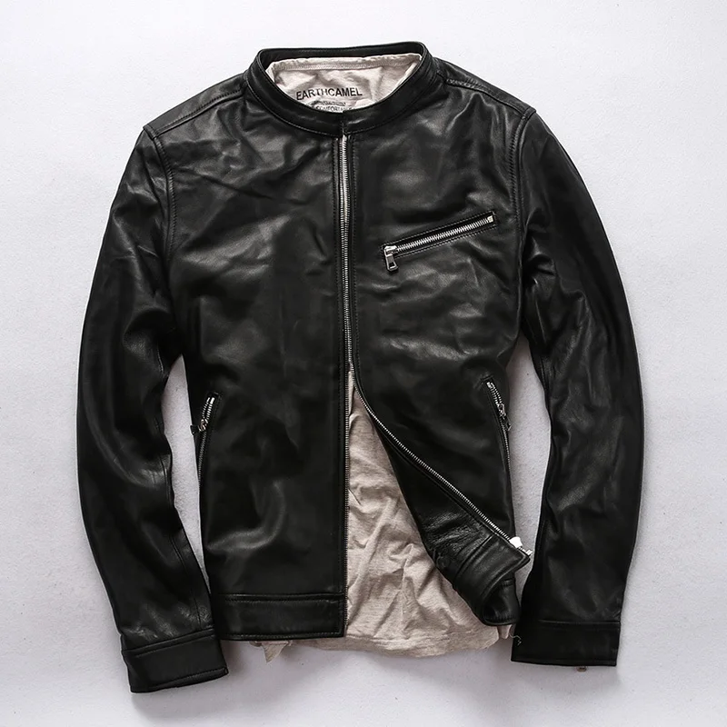

2020 Men's Autumn Winter Sheepskin Coat Genuine Leather Vintage Stand Collar Black Jacket Large Size Smart Casual Jakcet