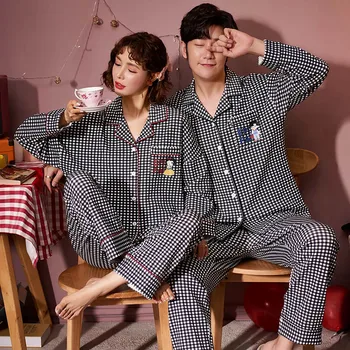 

Plaid Sleepwear couple clothes Husband and wife Pajamas set stripe Home suit Cardigan cotton family pyjamas Phoentin FG229