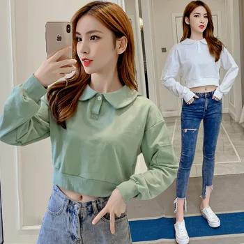 

2019 Kpop Milinsus Kawaii Ladys Hoodies Women Solid Color Long Sleeved Hight Wise Short Sweatshirts Harajuku Causal Crop Tops