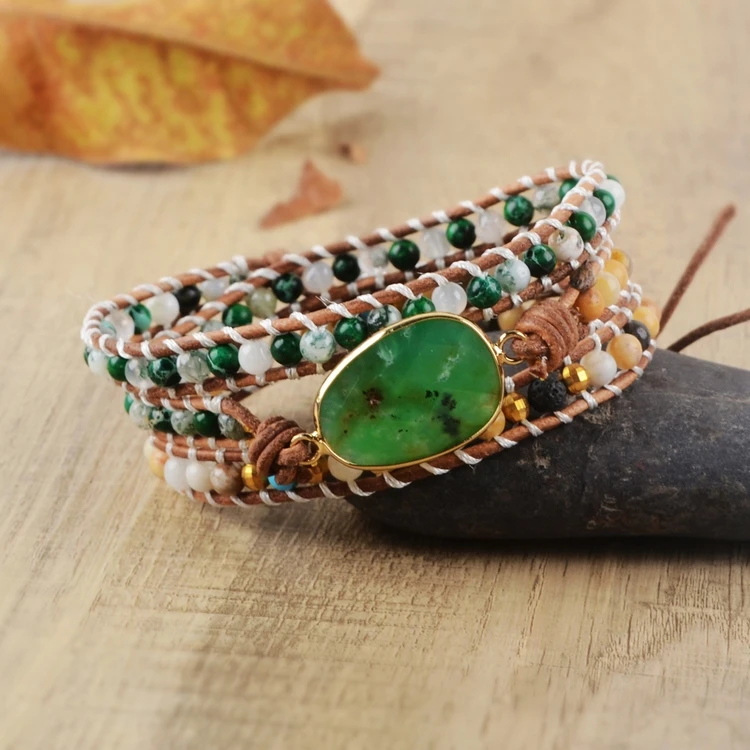 Chrysoprases, женский браслет, натуральный камень, 3 раза, браслеты с кожаными ремешками, зеленый нефрит, многослойный браслет из бисера, Прямая поставка