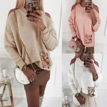 

Women Chic Fashion Sweater Off Shoulder O-neck Long sleeve Sequin Beautiful Sweater 2019 New Hot Women Top