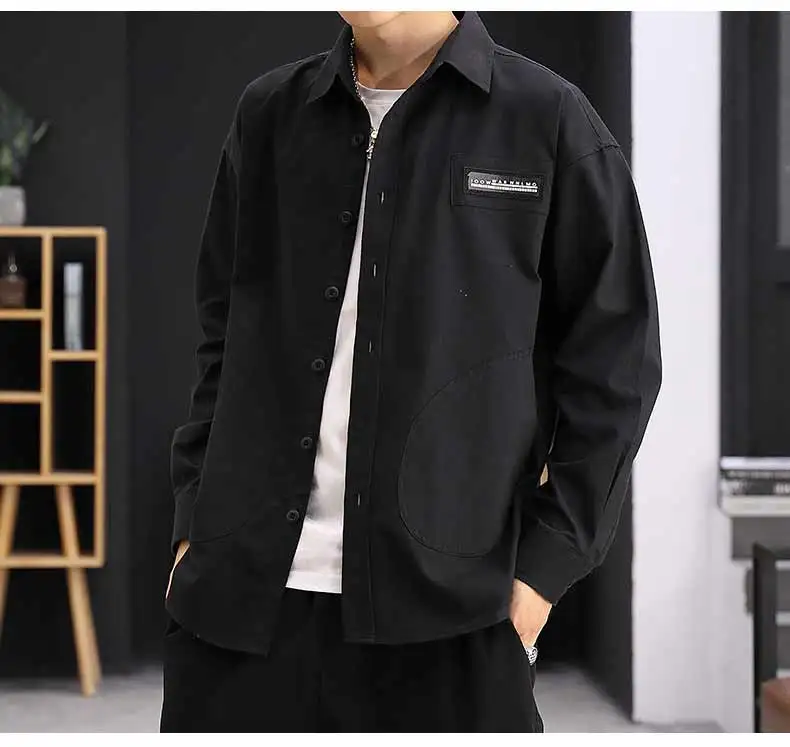 Модные мужские рубашки Slim Fit сплошной цвет Мужская рубашка двойной карман Осень черный зеленый хаки Мужская рубашка с длинными рукавами