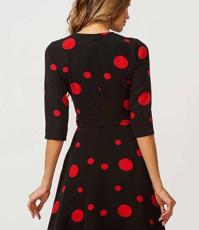 Capucines New Irregular Dot Printed Belt Women Dress Autumn 3/4 Sleeves V Neck A Line Slim Elegant Vintage Party Dresses