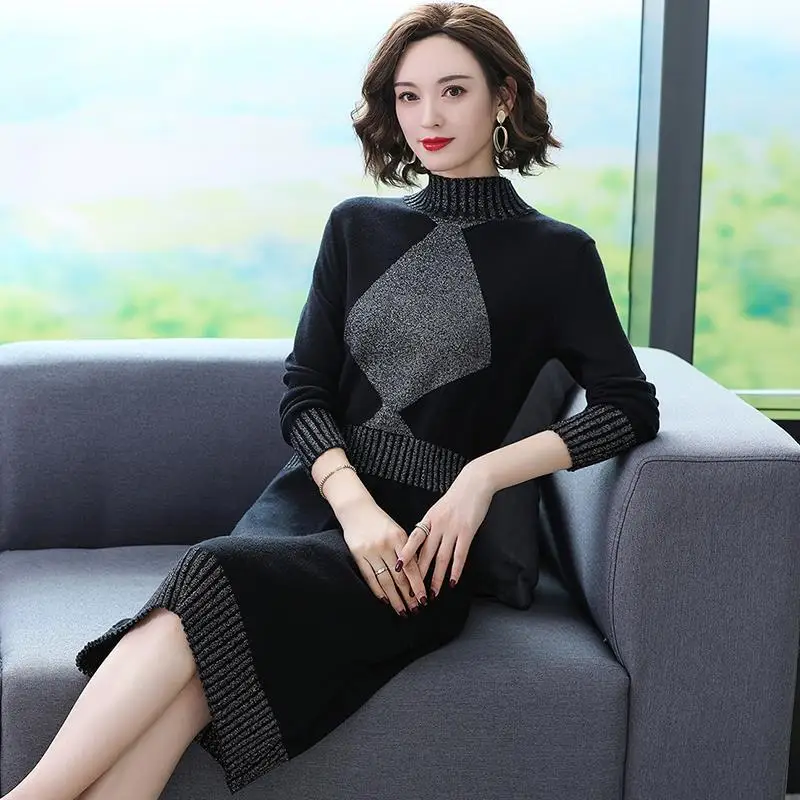 

Spring Autumn Vestidos Knitting Sweater Dresses For Women 2024 New Turtleneck Patchwork Knee-Length A-Line Bottom Clothes Female