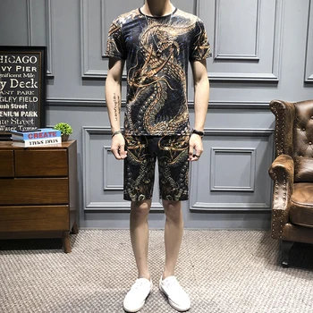 

Chinese Style Dragon Print Casual 2pcs Set Men Short Sleeve T-Shirt Men Tracksuit Tee Shirt Homme T-shirt+Shorts Plus Size 7xl