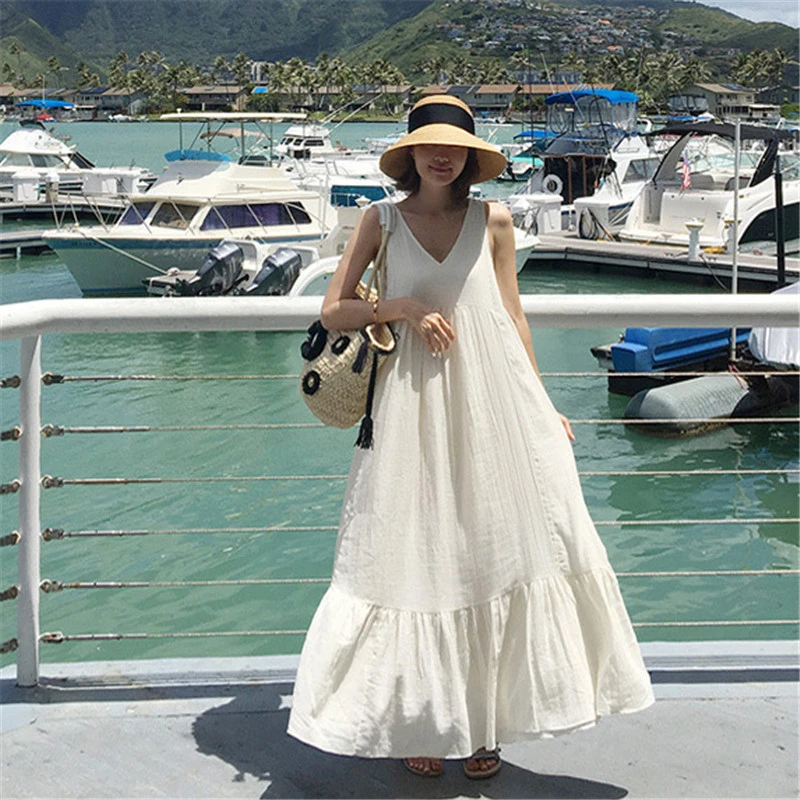Qpfjqd Robe Longue Blanche A Col En V Pour Femme Tenue Ample Sans Manches A Volants Mode Coreenne Nouveaute Ete 2020 Aliexpress
