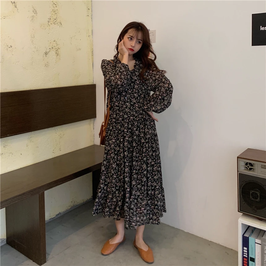 

2020 Spring Women Long Dress Mori Girl V-Neck White Black Green Lace Up Long Sleeve Chiffon Ruffles Dresses Vestidos Femininos