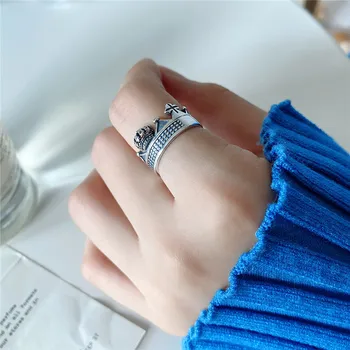 

RUIYI Real 925 Sterling Silver Women Vintage Make Old Crown Cross Distressed Rings Fashion Full 100% Pure Silver Retro Rings