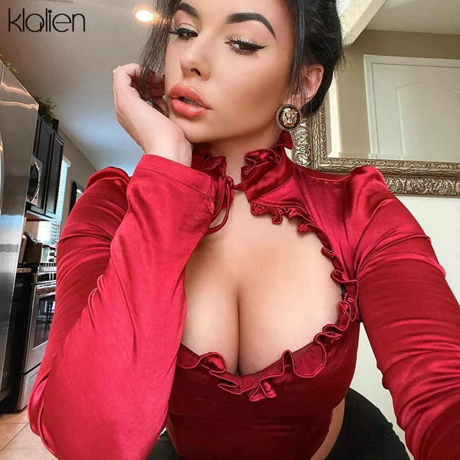 

KLALIEN Elegant Thin Hollow Out Sexy Lotus leaf Crop Top Women shirt 2020 Fashion senior party Streetwear Ribbon up Shirt Mujer