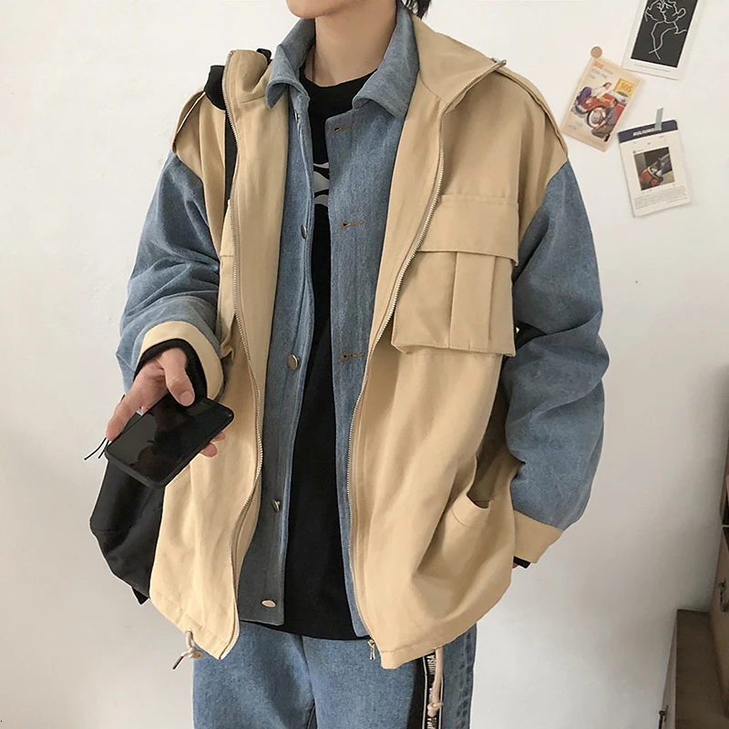

Denim Jacket Men's Fashion Casual Cotton Fake Two-piece Tooling Jacket Man Streetwear Wild Loose Hip-hop Bomber Jacket Men