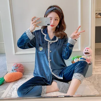 

Female 2PCS Pajamas Suit Velour Sleepwear Casual Nightwear Home Clothes Autumn New Lingerie Lace Shirt&Pants Velvet Pyjamas