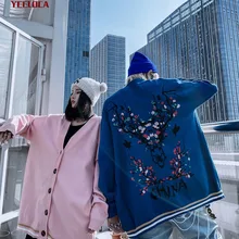 Осенне-зимний свитер с цветами, кардиган для пары, модная шерстяная куртка большого размера, повседневный высококачественный хип-хоп длинный рукав