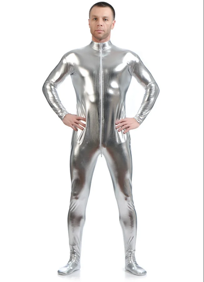 Мужской латексный костюм черные блестящие металлические колготки золотой