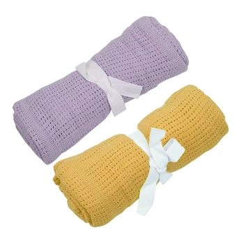 

2 Pcs 100% Cotton Baby Infant Cellular Soft Blanket Pram Cot Bed Mosses Basket Crib, Light Purple & Bright Yellow