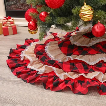

Christmas Plaid Linen Lace Tree Skirt Christmas Tree Decorative Tree Skirt with Home Decoration