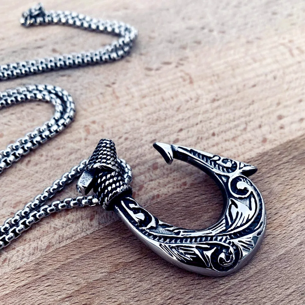 Celtic pattern Fish Hook Pendant Necklace for Men Unique Stainless