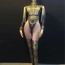 Macacão de epaulet com franjas douradas, roupa feminina para dança de jazz, body sexy de festa