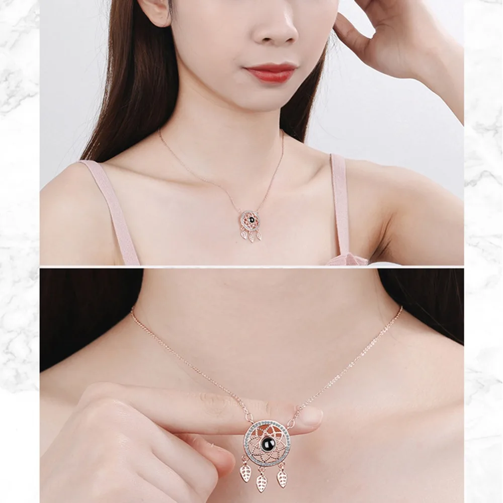 HOT Rose Gold&Silver 100 languages I love you Projection Pendant Necklace Romantic Love Memory Wedding Necklace Ring For Gifts