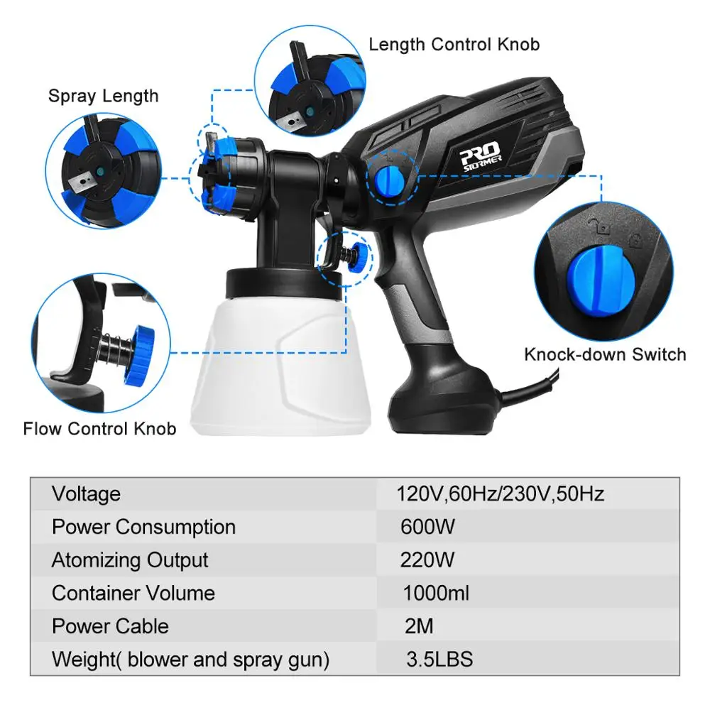 PROSTORMER 120 В/230 В Электрический распылитель 600 Вт HVLP домашний распылитель краски контроль потока 4 сопла емкость 1000 мл Легкое распыление