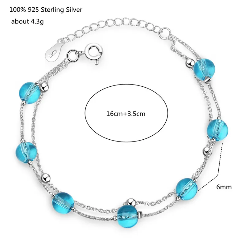 

Crystal Bracelet Women Double Chain 6mm Bead Bracelets for Women 925 Sterling Silver Fashion Natural Stone Jewelry Bangle