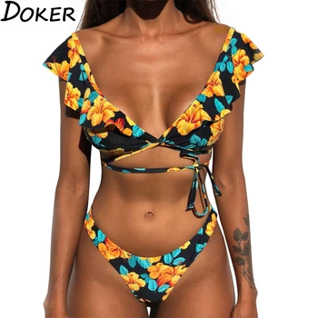 

Swimwear Womens Two Pieces Bikini Set 2020 Summer Floral Print Swimming Suit For Women Sexy Mini Bikinis Push Up Swimsuit Femme