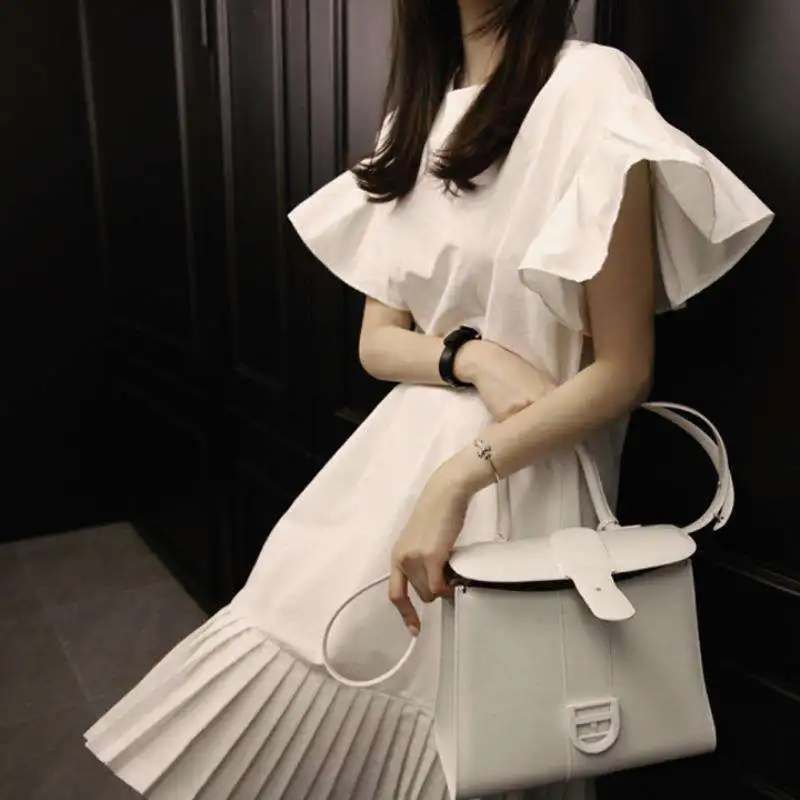 

[EWQ] 2019 Spring Summer Round Collar Short Sleeve Ruffles Patchwork Lace Up Pullovers Casual Pleated Dress Women AH07801XL