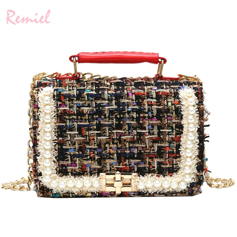 2019 Winter Fashion New Female Square Tote bag Quality Woolen Pearl Women's Designer Handbag Ladies Chain Shoulder Crossbody Bag