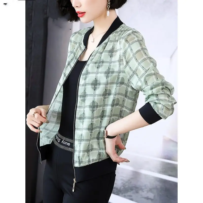 Print Jackets Women Summer Chiffon Baseball Uniform Long Sleeve Basic Jacket Thin Bomber Female Short Sunscreen jas men s new bomber jackets outwear hip hop men baseball collar zip up jacket night club stage streetwear thin coat veste homme