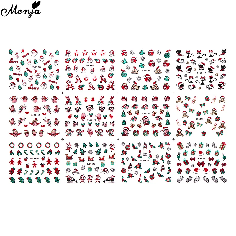 Monja 12 стилей/лист Рождественский дизайн ногтей переводная наклейка подарок Санта-Клауса 3D узор блестящие самоклеющиеся наклейки маникюр декор