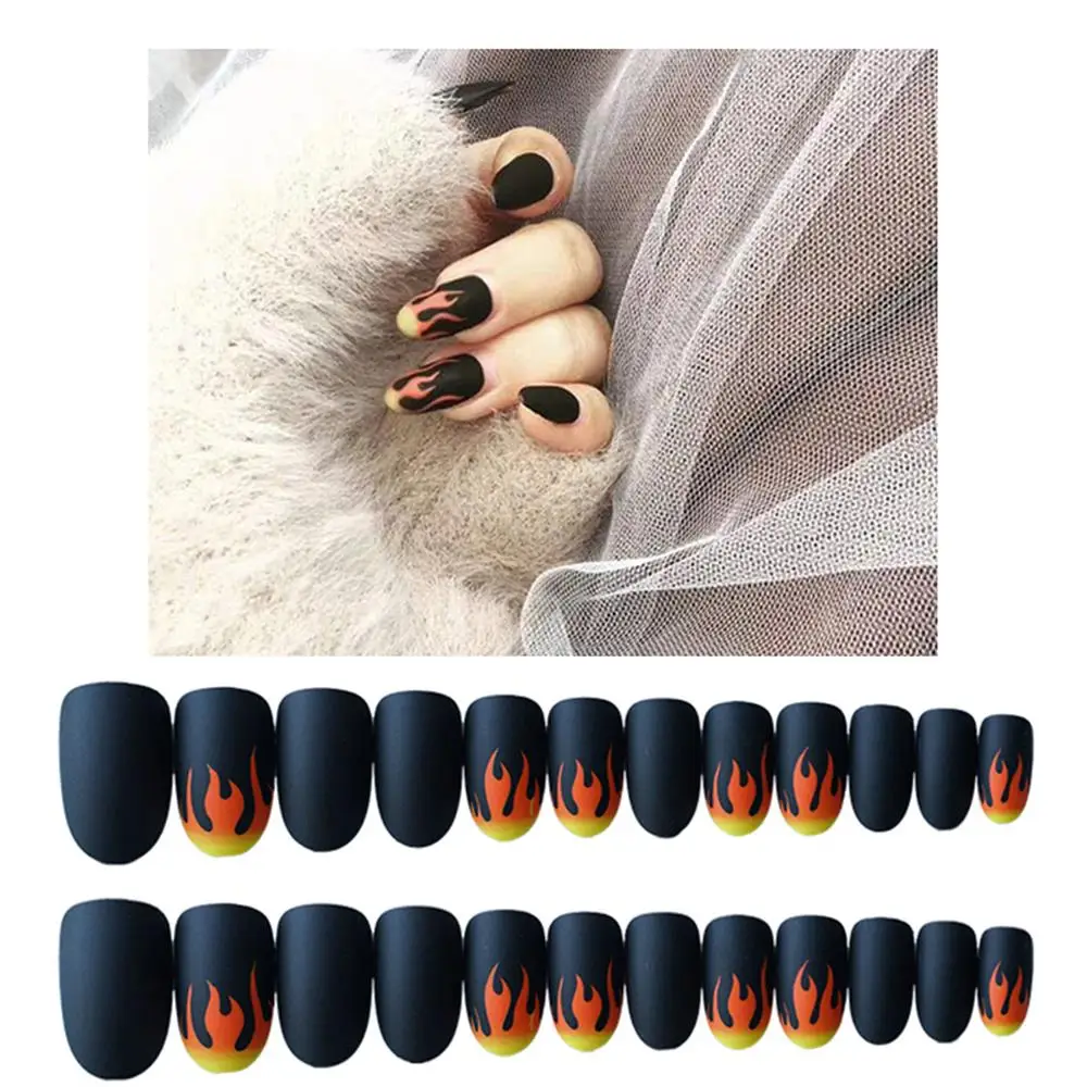 

24pcs/Set Punk Fire Pattern Matte False Nails Glue Dark Black Pre-design Short Round Head Full Cover Nail Tips Fnished Nail Art